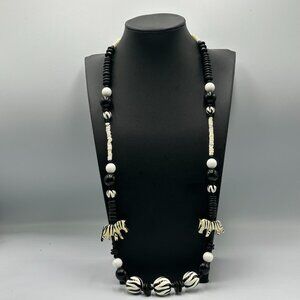 Vintage Zebra Necklace Black White Beads Heishi Accents Animal Theme Safari